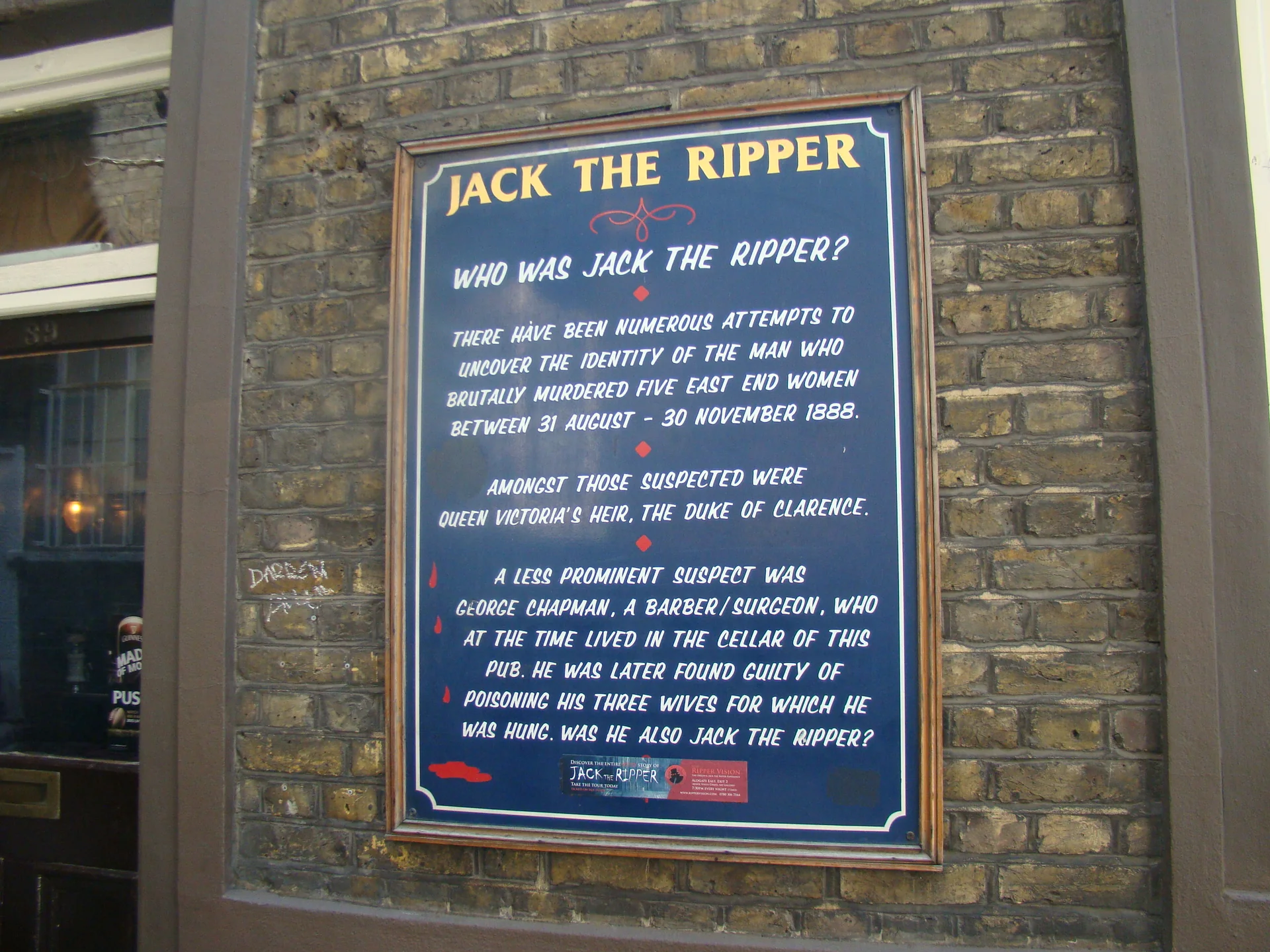 View of the Jack the Ripper plaque on the side wall of the White Hart pub - geograph.org.uk - 3962074.jpg