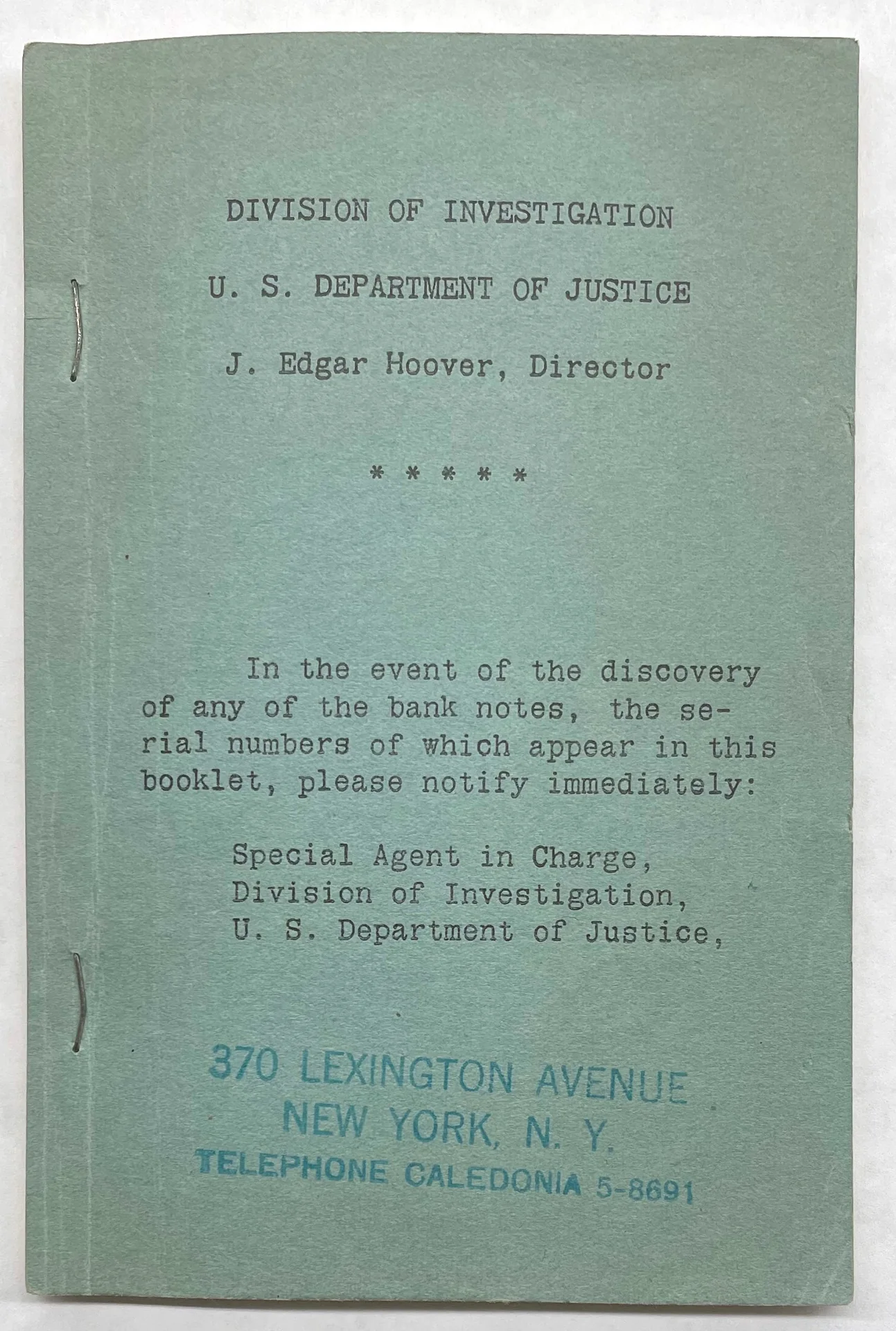 Serial-number booklet used to trace the ransom