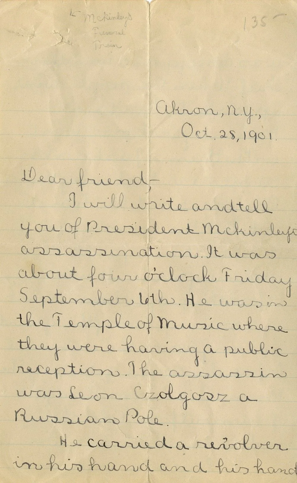 A Contemporary Account of the William McKinley Assassination by a 15 Year-Old Girl