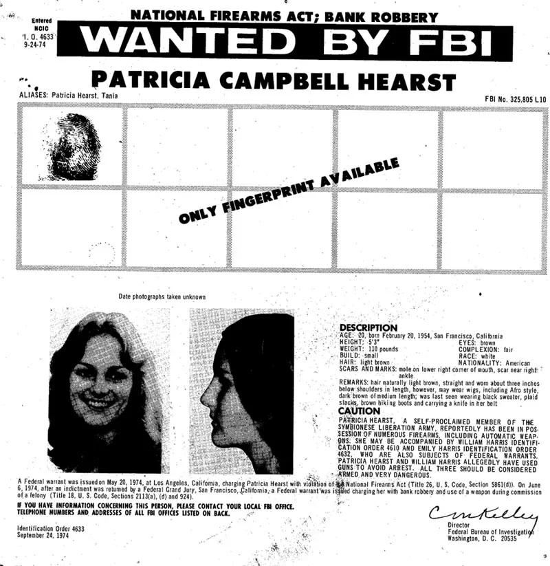 Hearst's FBI wanted poster, September 1974