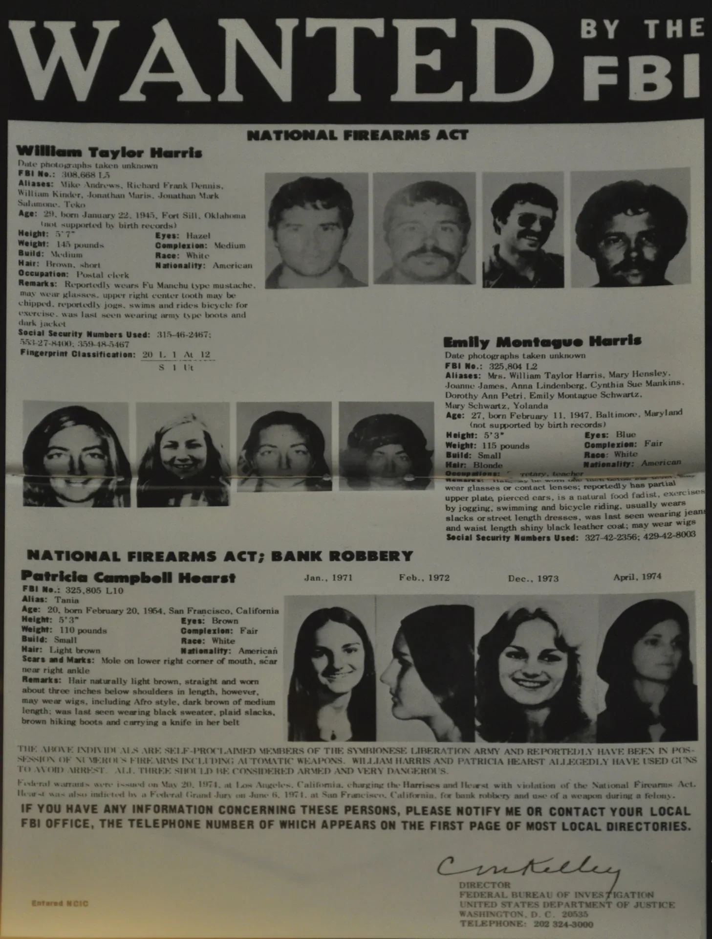 The Harrises and Hearst on a historical FBI poster