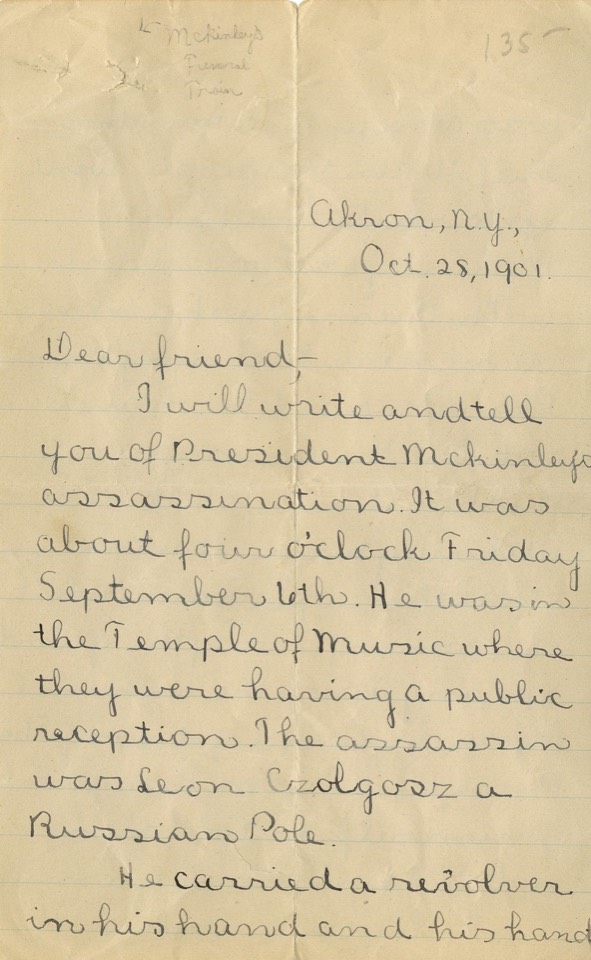 A Contemporary Account of the William McKinley Assassination by a 15 Year-Old Girl